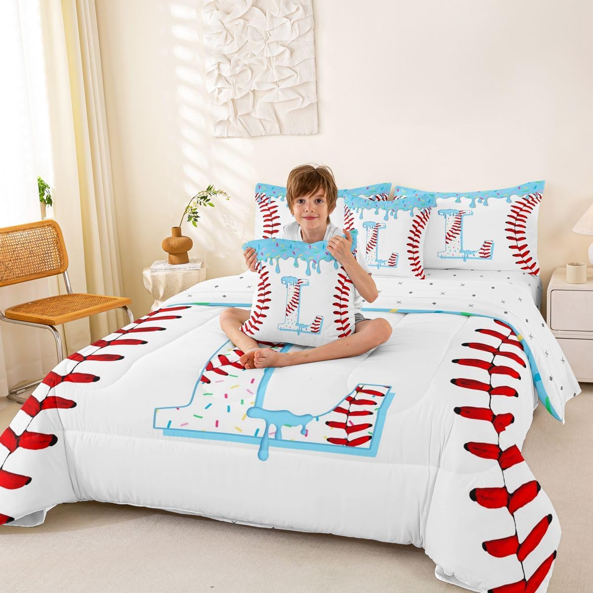 Erosebridal 7 Pcs Blue Ice Cream Drip Comforter Set for Kids Initial L Baseball Bedding Set Twin Size Sports Gaming Bed in A Bag with Sheets for Boys Teens Adults Bedroom Baseball Ice Cream Bed Sets image 4