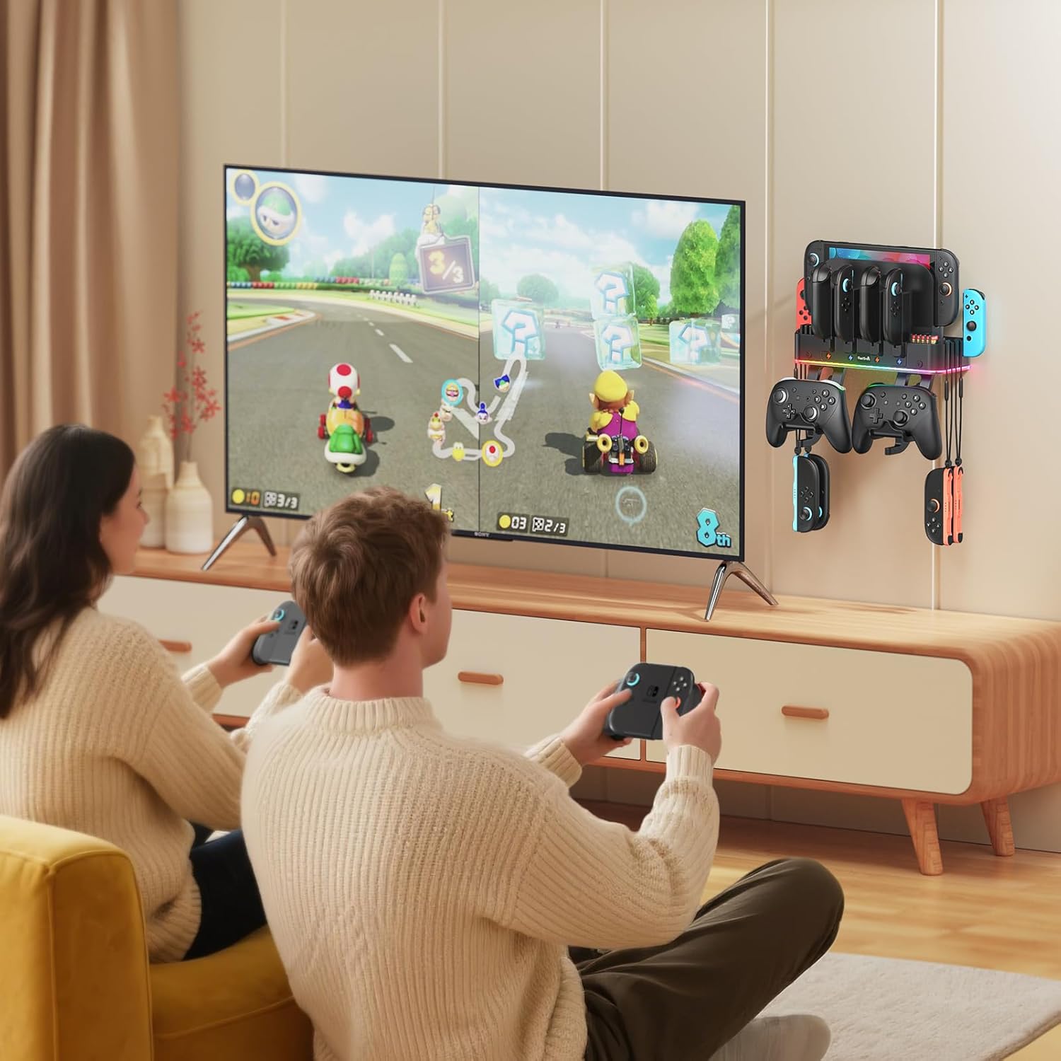 [Switch 2/1/OLED Compatible] RGB Switch 2 (2025) Wall Mount Kit for Joycon Charger, Switch Accessories Organizer with 15 Light Modes, 2 USB Ports, 10 Card Slots, Safely Store Switch Console Behind TV - Image 7