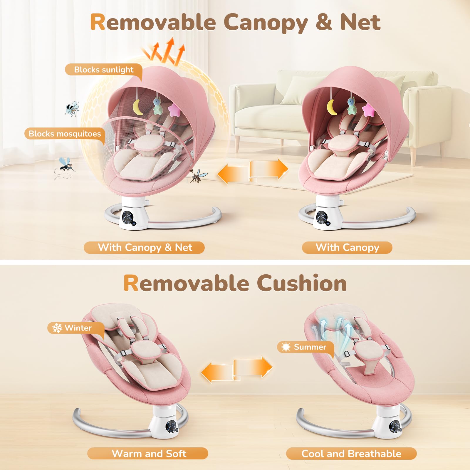 Transat Bébé Électrique avec Dossier Réglable sur 2 Niveaux – Application et Télécommande Balançoire Électrique pour Bébé, 12 Sons et Prise en Charge Bluetooth, 2 Options D'alimentation (Rosa)