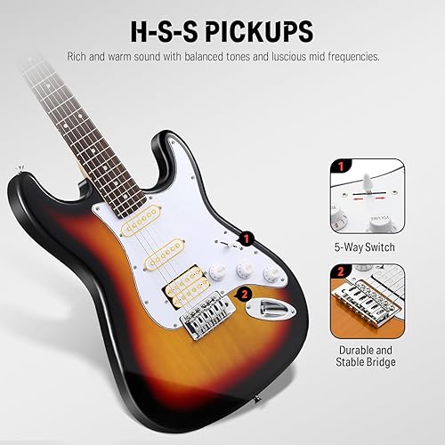 Vista 30 de Donner DST-102 - Kit de guitarra eléctrica de 39 pulgadas, con amplificador, bolsa, capo, correa, cuerda, sintonizador, cable, púas-1 Rayos de sol