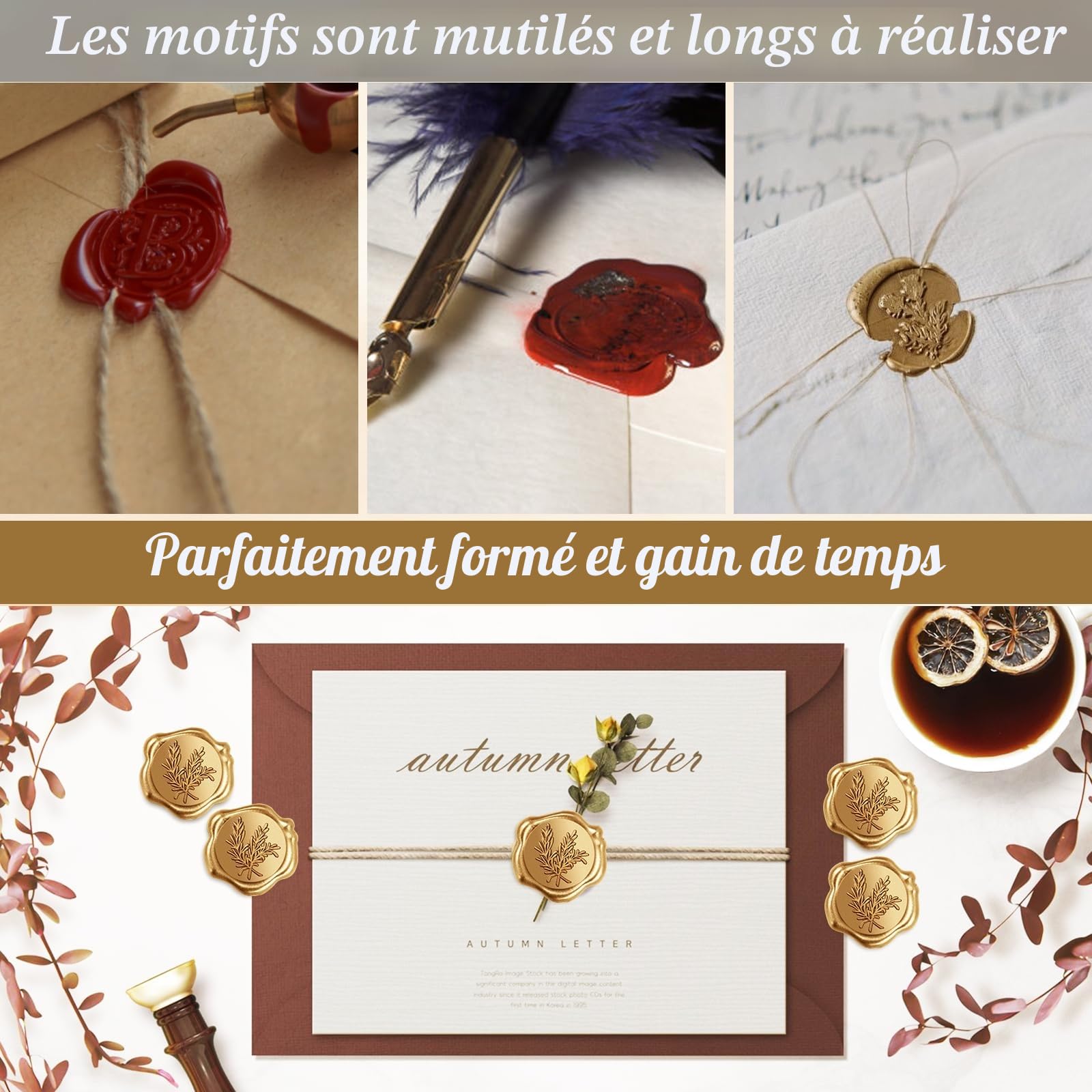 Sceau de Cire Doré 50 Pièces, Cachet de Cire Autocollant Vintage pour Mariage Anniversaire Noël
