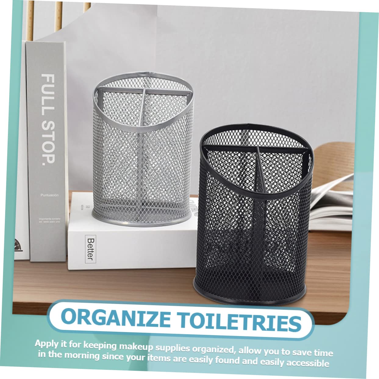 FUNOMOCYA 2 Soportes Para Bolígrafos De Malla De Alambre Con 3 Compartimentos, Organizador De Escritorio Multifuncional Para Brochas De Maquillaje, Bolígrafos Y Suministros De Oficina, Diseño Elegante