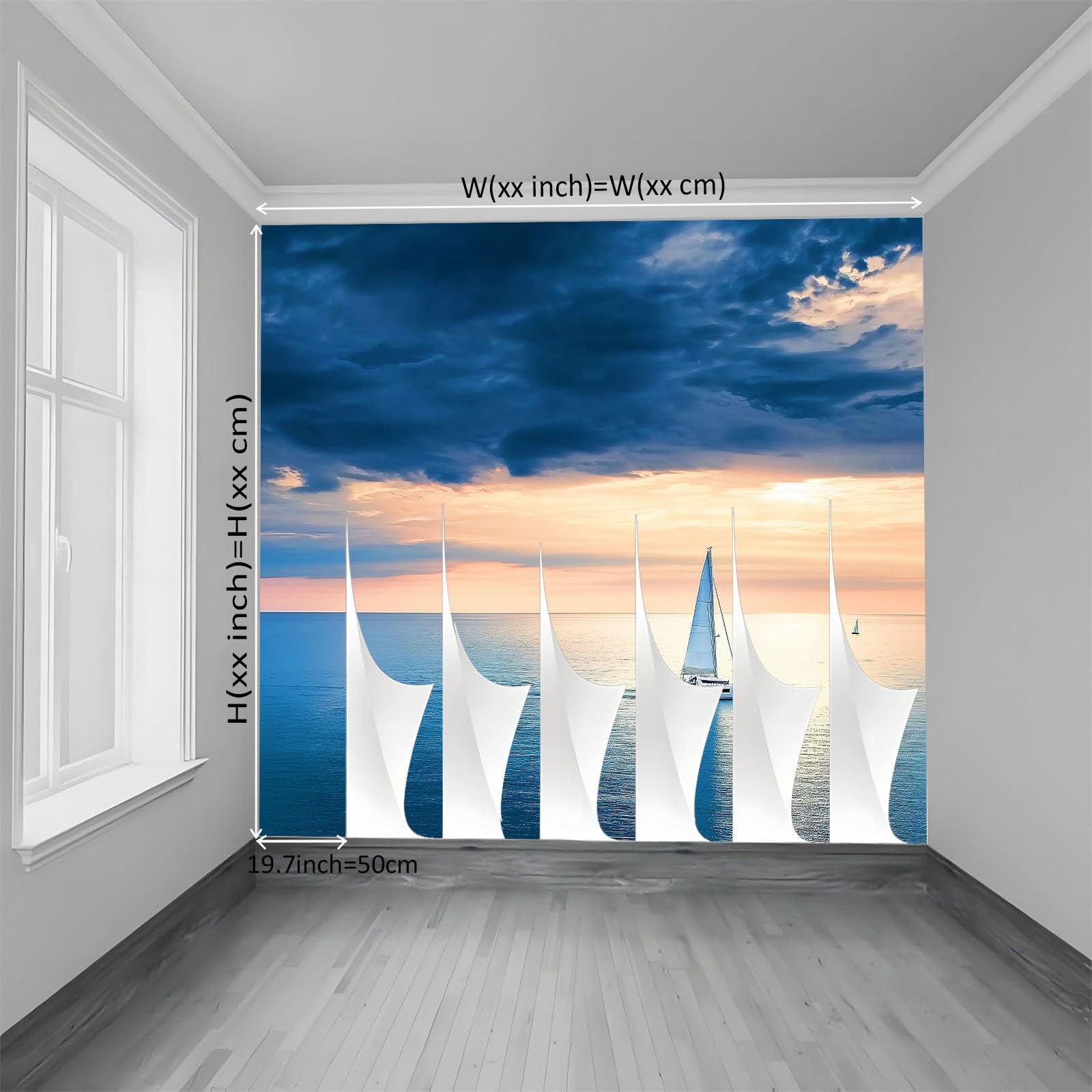 350 x 256 cm, fototapeta z włókniny, na wymiar, nowoczesna, morze, mała łódka, niebo, błękitny, fotorealistyczny, druk HD, tapeta na flizelinie, tapeta z motywem, dekoracja ścienna, dekoracja ścienna