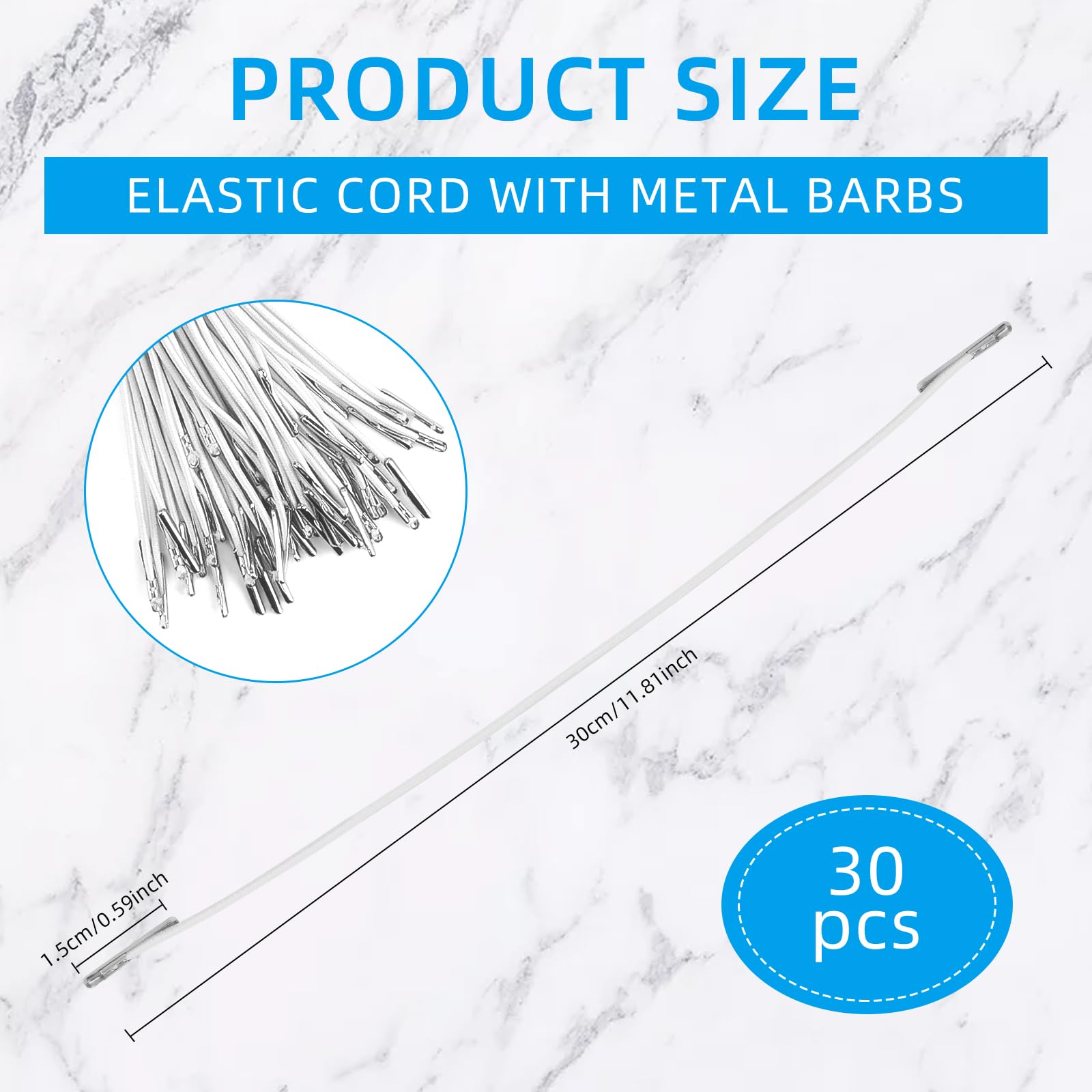 30pcs Elastic Cords with Metal Ends, 11.8 Inch Soft Stretch Band Mask Lanyard Round Rope Extender Strap Craft String Loop for DIY Craft, Book Binding, Party Hats, Menu Hanging, and More - White