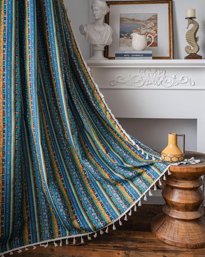 vctops Bohemian Striped Print Cotton Linen Window Curtain Panel with Lace Rod Pocket Colorful Patterned Room Darkening Drapes, 1 Piece (59"x71",Green)