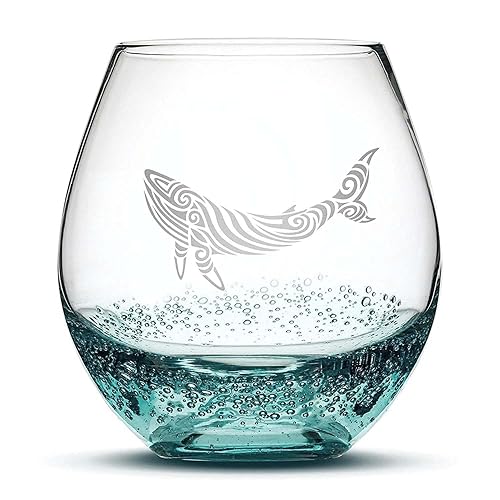 Integrity Bottles Tribal Whale Design Stemless Wine Glass, Handmade, Handblown, Hand Etched Gifts, Sand Carved, 18oz (Bubbly Teal)