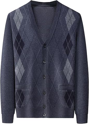 Mens Casual Argyle Cardigan Sweaters Button Up Wool Blend Jacket V Neck Soft Knitted Plaid Pockets Sweaters