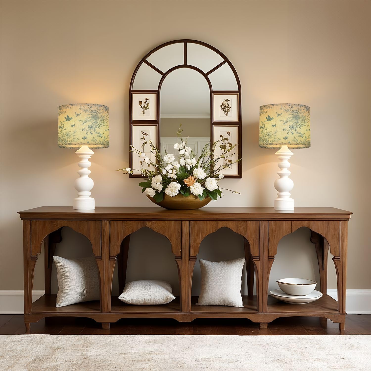 Drum Lamp Shades Floral Vintage Boho Blue Cream White Flowers Birds Butterflies Natural Lampshade for Floor Lamps Table Lamp Pendant Light Linen 11"x11"x9" Replacement Large Lampshades