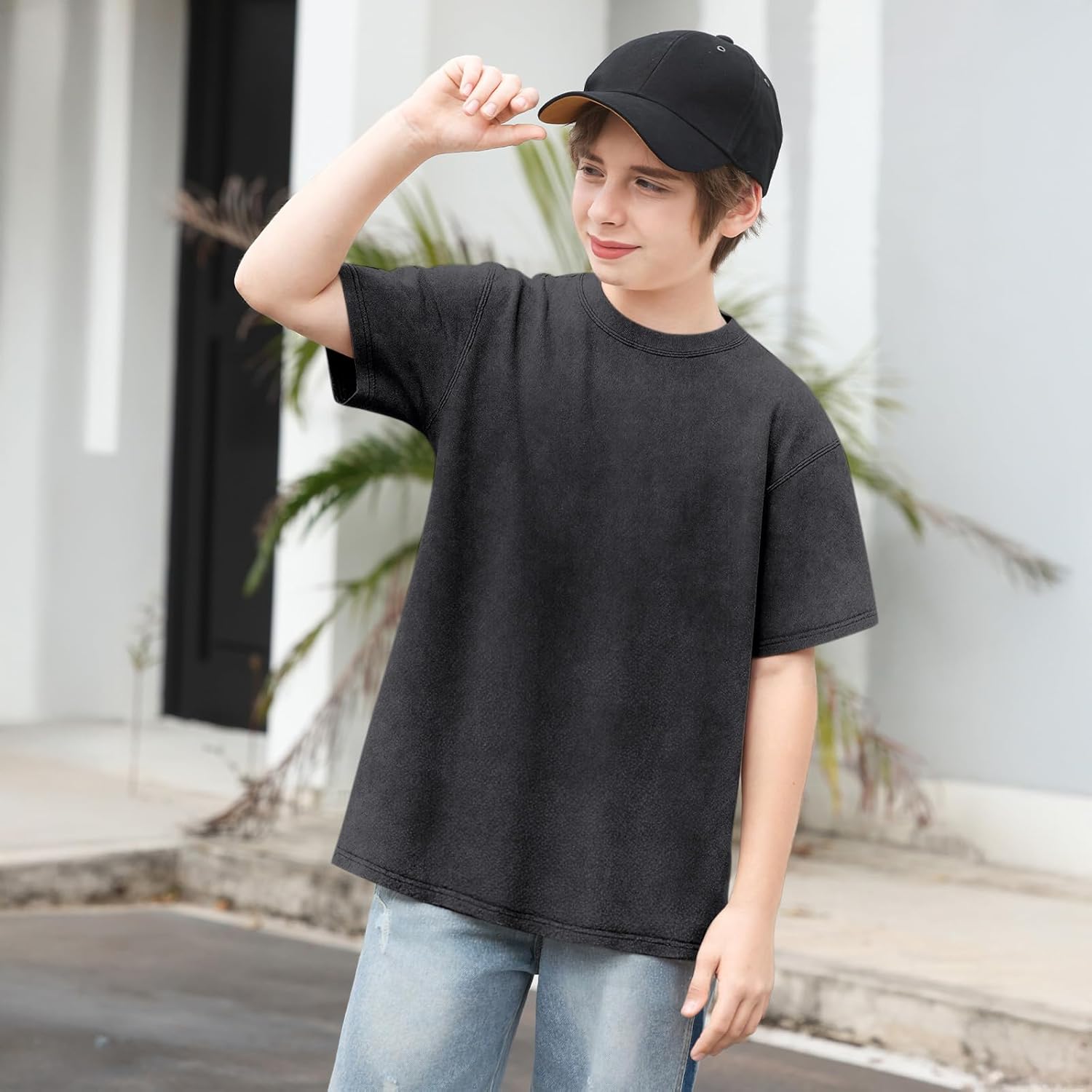 Fkatuzi Boys Oversized Acid Wash Tshirt Kids Blank Vintage Shirt Summer Cotton Unisex Basic Plain T Shirt Tops - Image 2