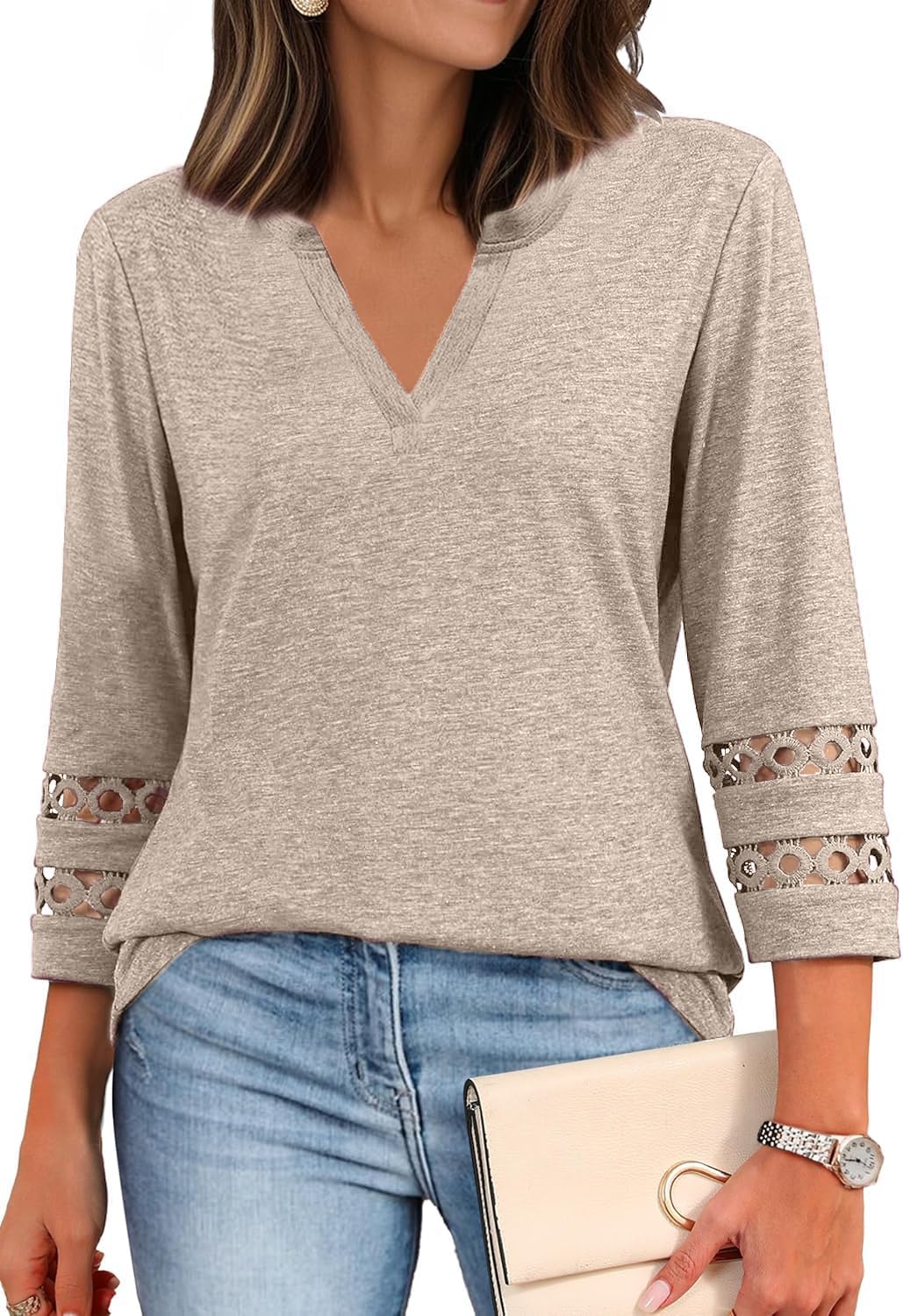 Women's Scoop V Neck 3/4 Lace Sleeve Tops Summer Loose Fit Workout T-Shirts