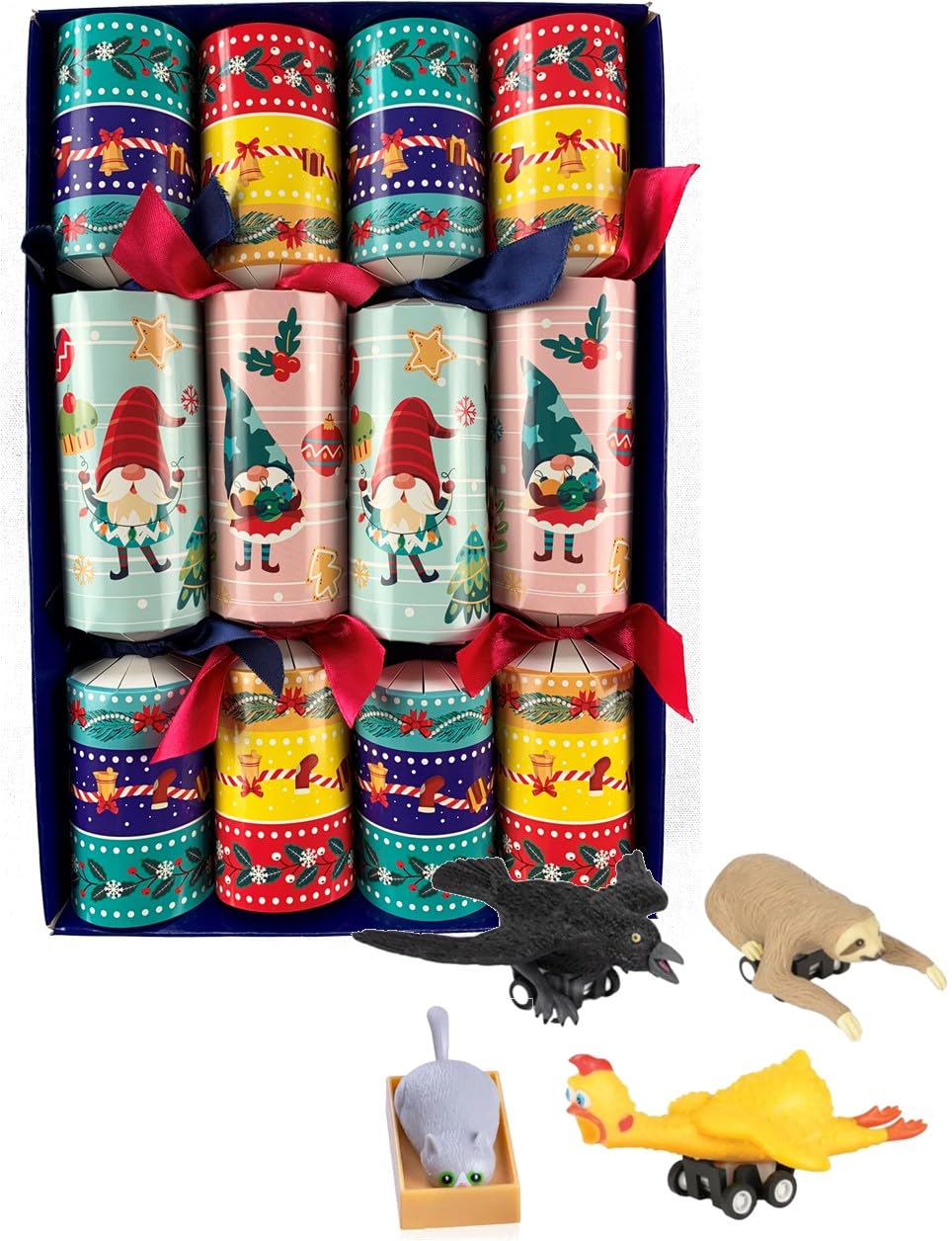 Crackers Ltd Pink, Blue Set Of 4 Gonk Gang Design Christmas Crackers - With Fun Animal Racers Inside