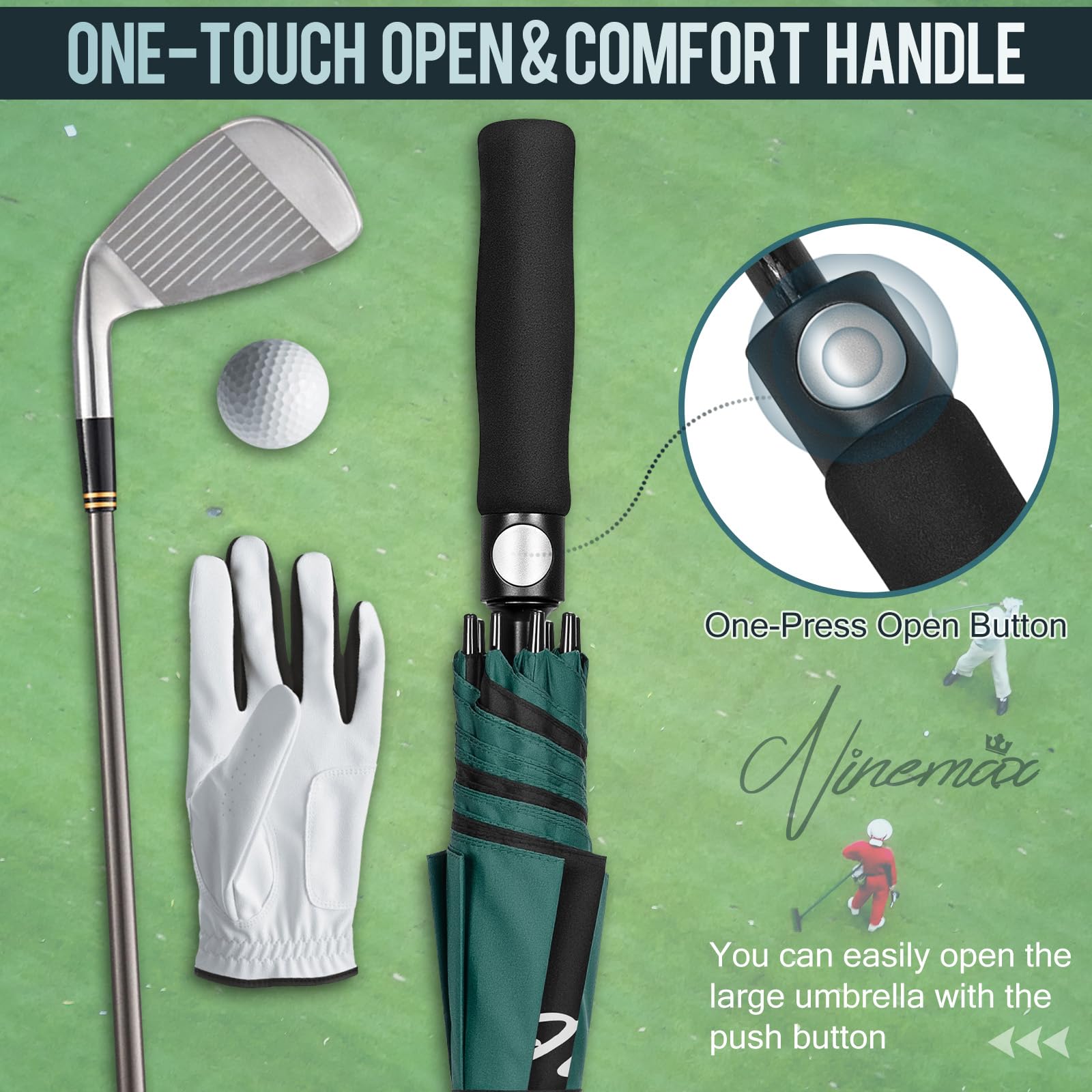 NINEMAX Wiatroodporny Parasol Golfowy 68 inch,Parasol Golfowy Długi Wiatroszczelny,Wodoszczelny,Podwójny Baldachim dla Mężczyzn i Kobiet(Czarny i Ciemnozielony)