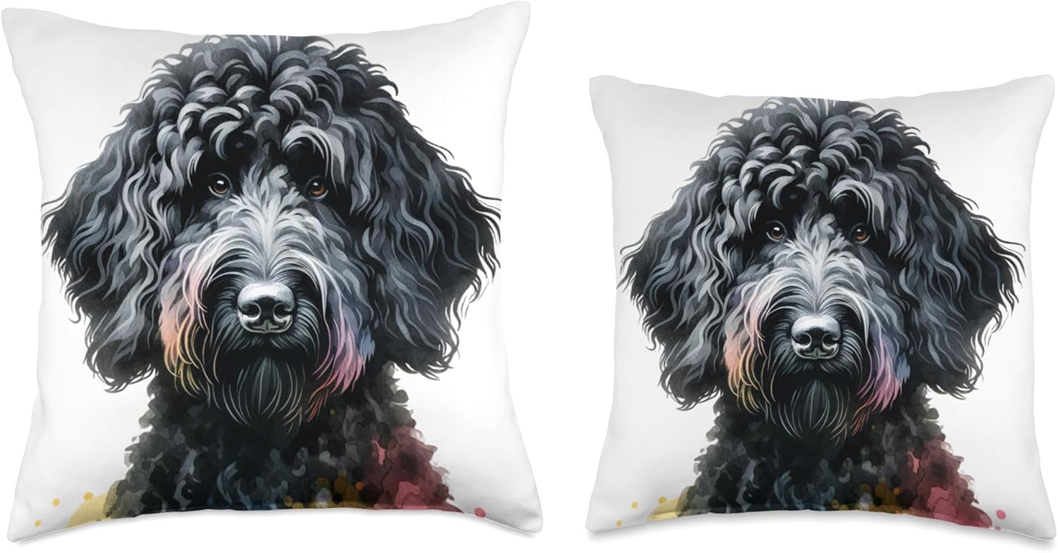 Black Labradoodle Dog Watercolor Artwork Throw Pillow