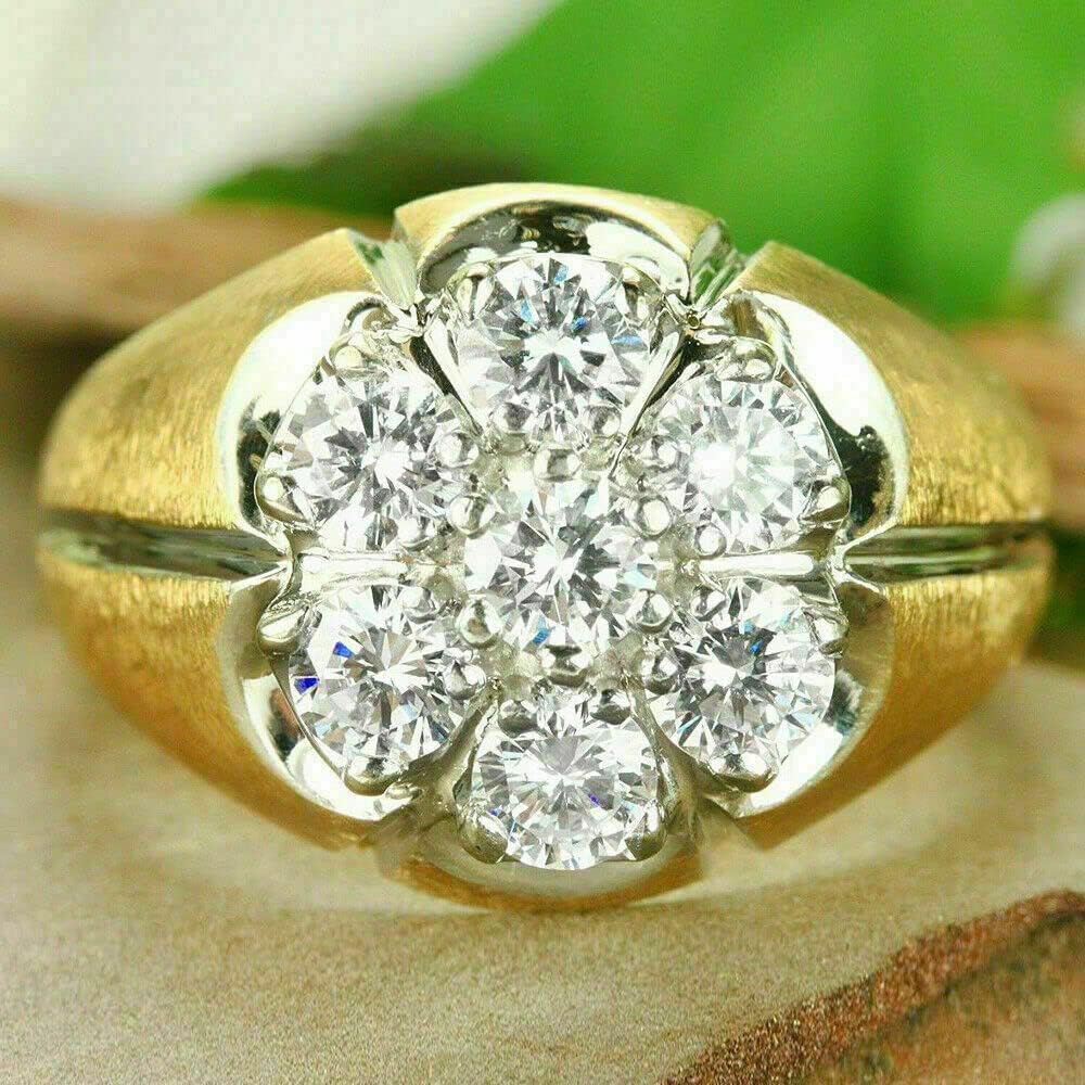 SilverDia 2 Ct Round Cut Simulated Diamond Cluster Wedding Engagement Ring 14k Yellow Gold Finish Men's Handmade Customized Hip Hop 925 Sterling Silver Attractive Gift Ring For Him