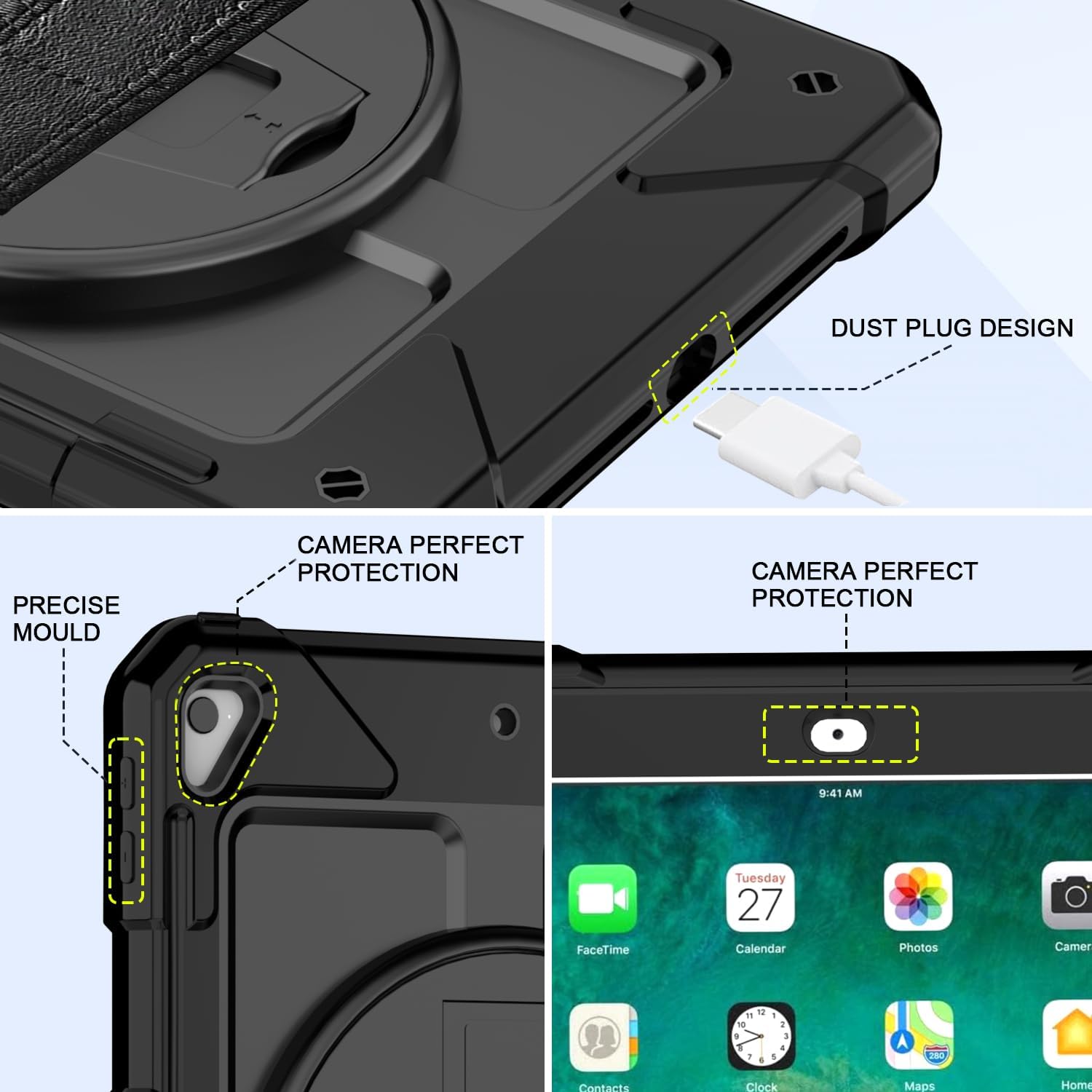 BMOUO Case for iPad 6th/5th Generation Case (9.7 inch, 2018/2017), 360°Rotating Stand, Hand/Shoulder Strap Shockproof iPad 9.7” Case for iPad Air 2, Black - Image 4