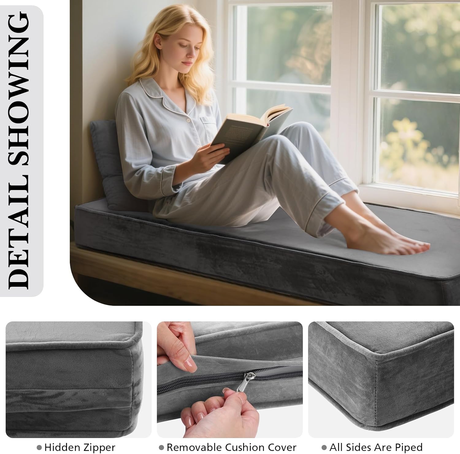 Wenqik Bench Cushions 42x16x4 Inch Window Seat Cushions for Indoor Furniture Velvet Kitchen Dining Bay Seat Tufted Porch Swing Thicken Bench Pad Memory Foam(Gray)