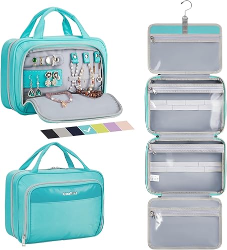 OlarHike Neceser para mujeres y hombres, impermeable, para maquillaje, joyería, viaje, neceser de cuero, para colgar, organizador para artículos