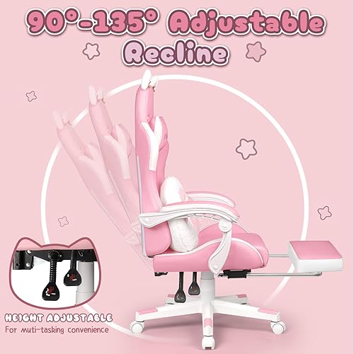 Miniatura 7 de PUKAMI Silla de juegos rosa linda con orejas de gato y cojín lumbar de pata de gato, silla ergonómica para computadora para niña con reposapiés y