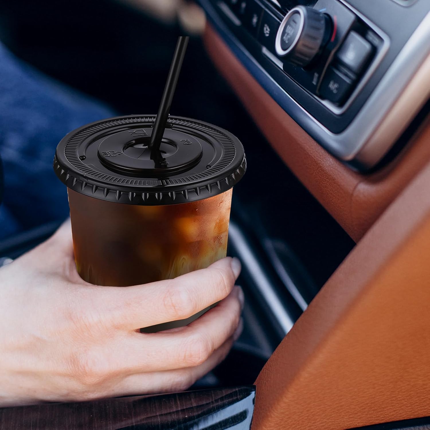 tchrules 100 Set 16oz Plastic Cups with Lids and Straws, Disposable Black Clear Iced Coffee Cup with Lid, Round Bottom Plastic To Go Cups for Cold Drinks Slushie Smoothie Soda Bar Party Shop Supplies