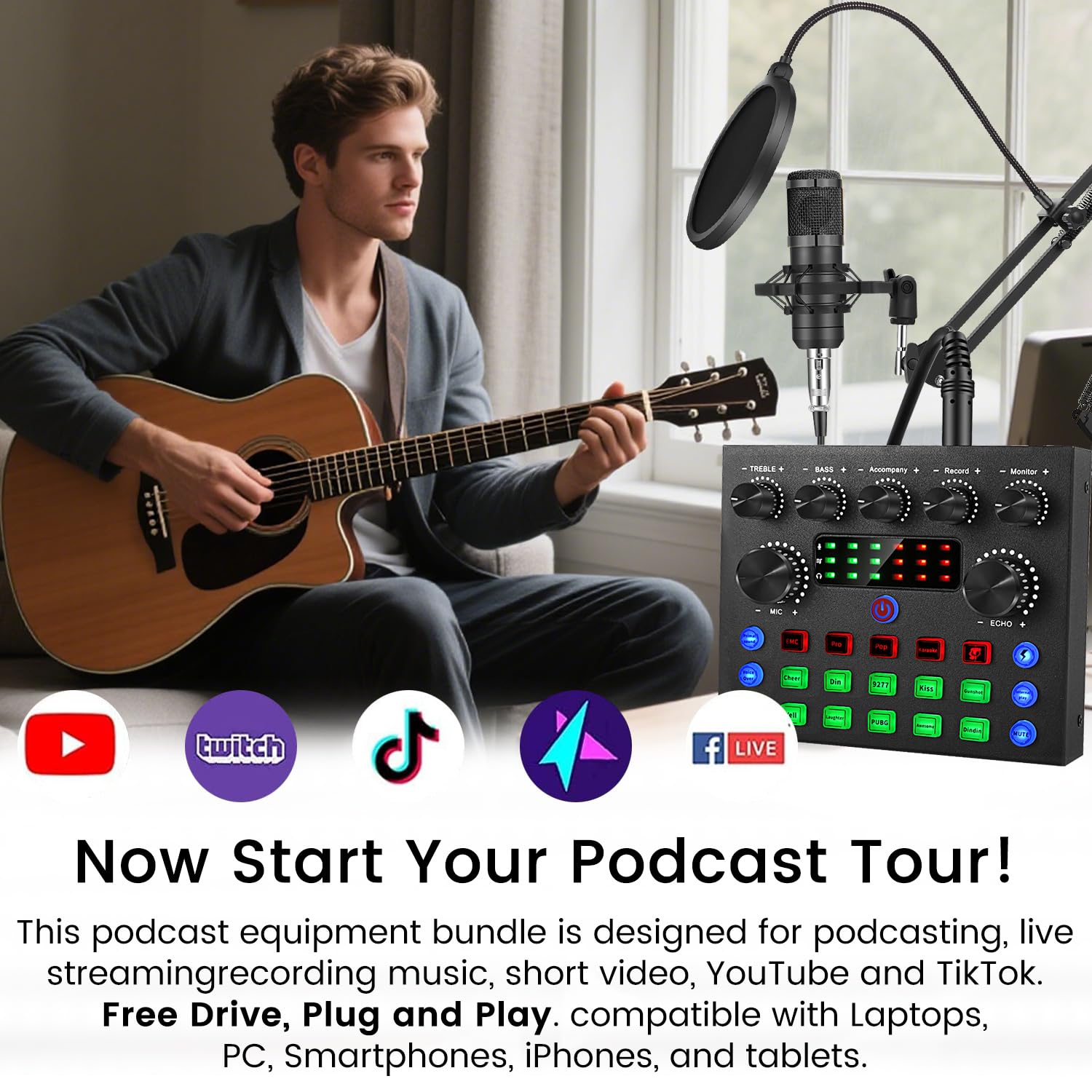 Podcast Equipment Bundle, Recording Studio Package with Podcast Microphone and Voice Changer, Live Sound Card - Audio Interface for Laptop Computer Vlog Living Broadcast Live Streaming YouTube TikTok