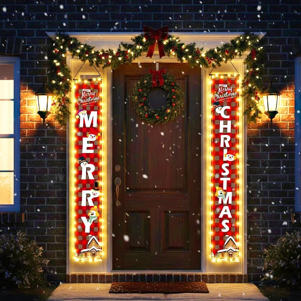 YHW Decoraciones de Navidad al aire libre con cadena de luces para puerta de porche de Navidad, letrero de bienvenida para colgar decoración de