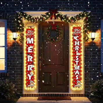 YHW Christmas Decorations Outdoor Merry Christmas Banner with String Lights Xmas Porch Door Welcome Sign Hanging Christmas Decor Indoor for Home Holiday Outdoor Wall Front Door Yard Garage