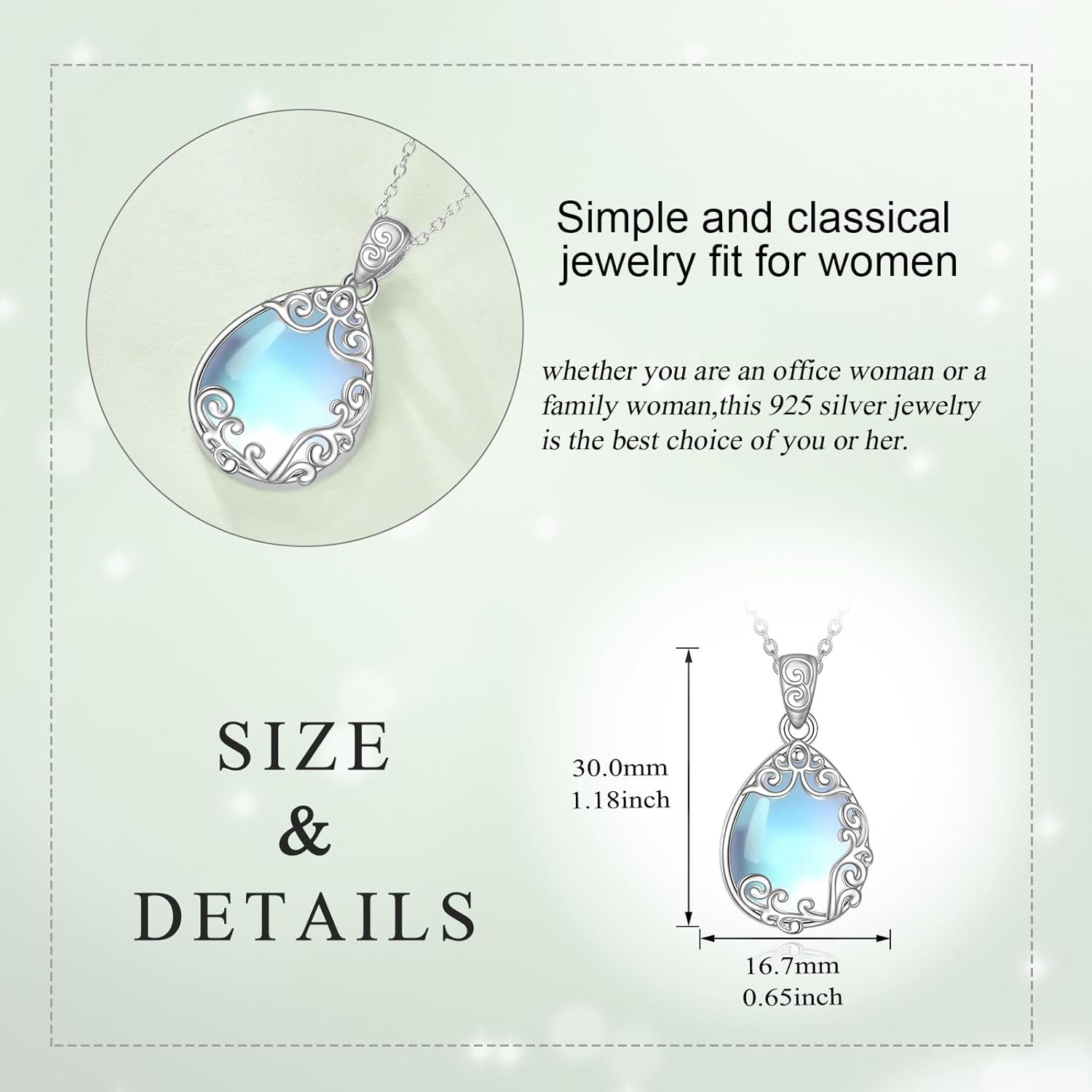 YAFEINI 925 Sterling Silver Moonstone Necklace Filigree Teardrop Pendant Necklace Jewelry for Women