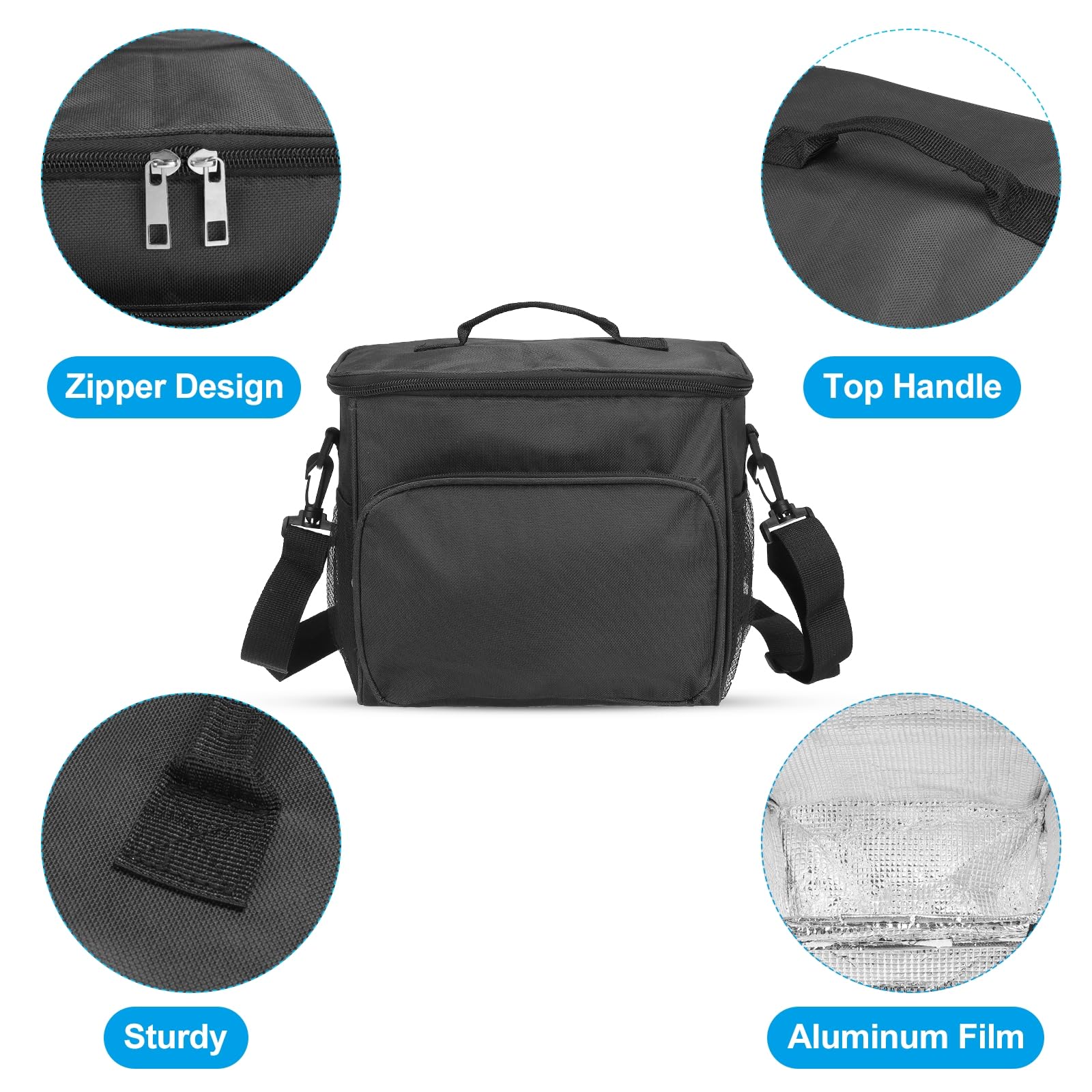 Boîte à déjeuner pour femmes/hommes, sac à déjeuner isotherme, sac fourre-tout thermique, récipient à déjeuner réutilisable 9,4 x 6,7 x 10,2 pouces pour le travail, pique-nique en plein air, noir