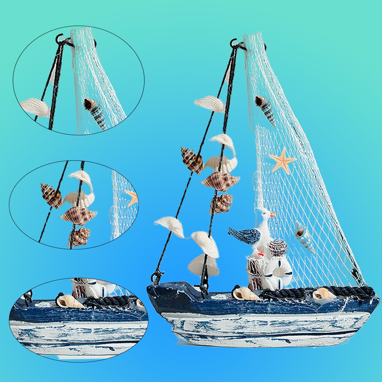 Molyorch Legno Ornamenti Barca, legno Barca vela legno miniatura per delle mare sulla spiaggia modello barca vela legno con rete pesca, barche a vela in legno e metallo