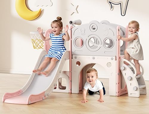 Miniatura 8 de Babytronic Tobogán para niños pequeños, tobogán 8 en 1 para niños con aro de baloncesto, telescopio y escalador, tobogán para bebés, parque infantil