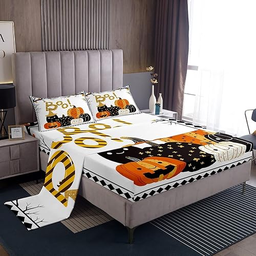 Miniatura 8 de Manfei Bonito juego de sábanas de calabaza tamaño matrimonial, juego de ropa de cama de feliz Halloween para decoración de habitación de niños y
