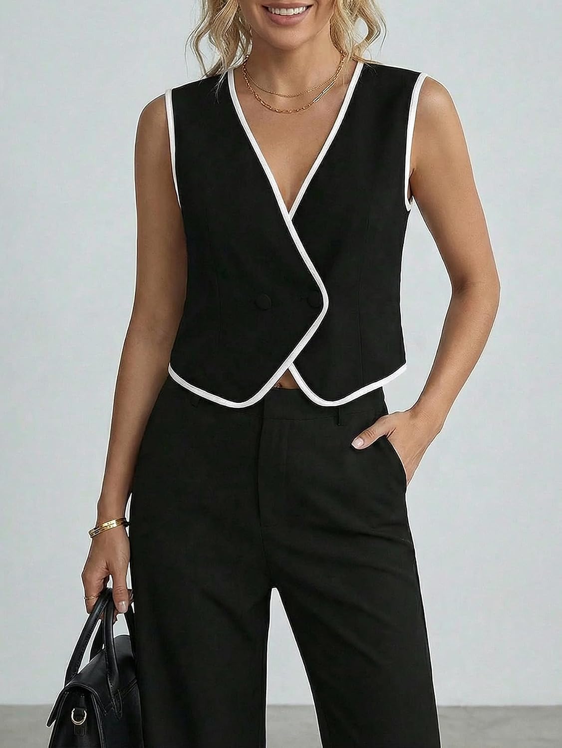 Women's Wrap V Neck Cropped Blazer Vest Elegant Button Front Sleeveless Work Office Waistcoat