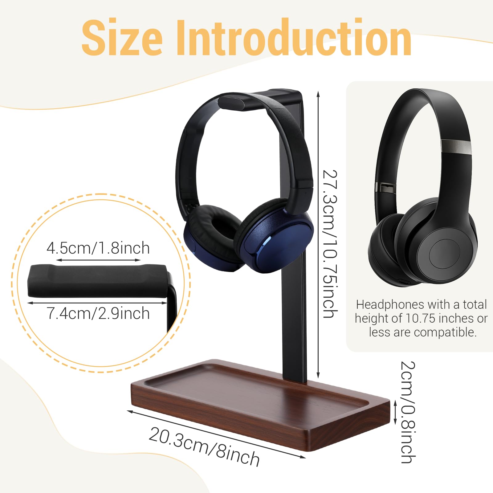 Supporto per cuffie da scrivania, in legno di noce, supporto universale per cuffie con base di archiviazione per videogiochi, cuffie musicali