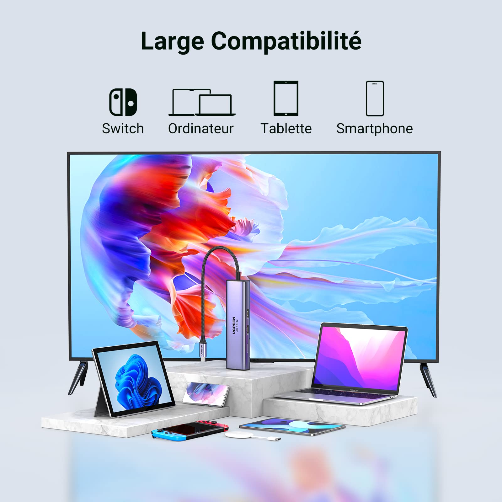 UGREEN Revodok 107 Hub USB C Ethernet Gigabit HDMI 4K 60Hz Lecteur de Carte SD TF PD 100W 7 en 1 Docking Station