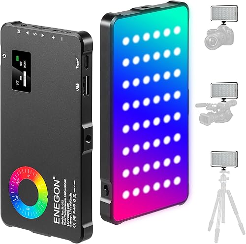 ENEGON Luz de video RGB, batería recargable incorporada de 4000 mAh, luz de cámara LED a todo color, 24 efectos de luz comunes, CRI95 2500-9000K