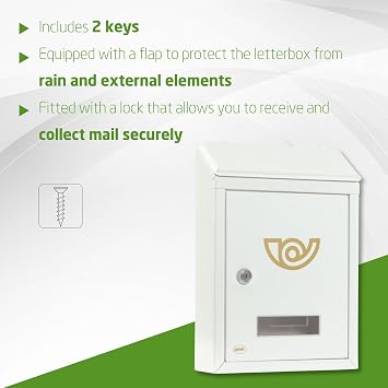 Amig - Compact Alloy Steel Outdoor Mailbox - Secure Mail Reception with 2 Keys - Easy Assembly - Personalised with Name - White - 29.8 x 21 x 6.2 cm - Alloy Steel