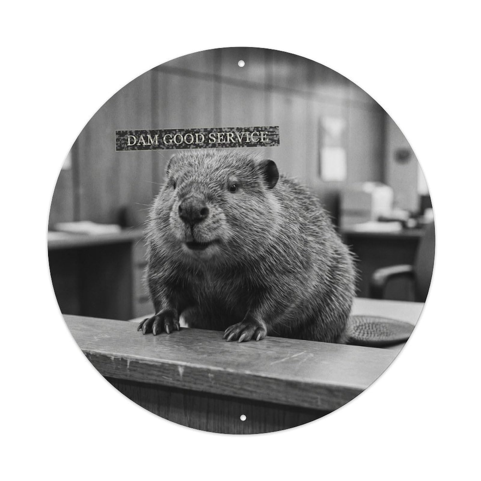 Dark Humor Beaver Service Counter Absurd Wildlife Animal Classic Metal Tin Sign Plaque Wall Decor for Cafe, Man Cave, Club Bar, Office, Home Garden Round Metal Poster 8x8Inch
