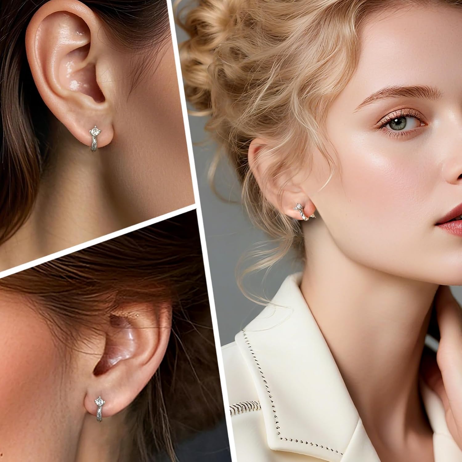 925 Sterling Silver Hoop Earrings for Women, Silver Hammered Cubic Zirconia Hoop Studs Earrings for Women Hypoallergenic Elegant CZ Faux Diamond Jewelry Gift for Valentine's Day Birthday - Image 6