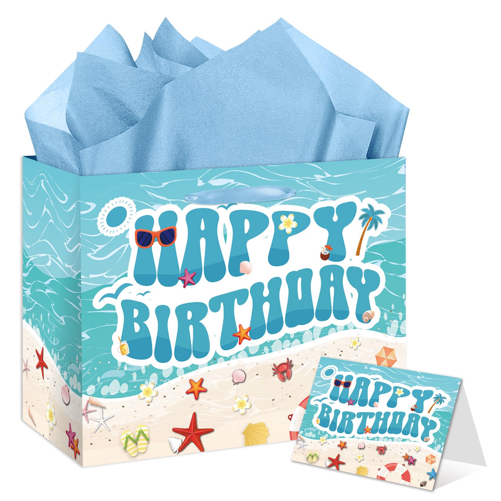 Beach Birthday Gift Bag for Kids, Boys & Girls - Ocean Seashell Themed Happy Birthday Gift Bag with Tissue Paper and Card, Blue Summer Hawaiian Bday Decorations, Baby Shower Party Supplies