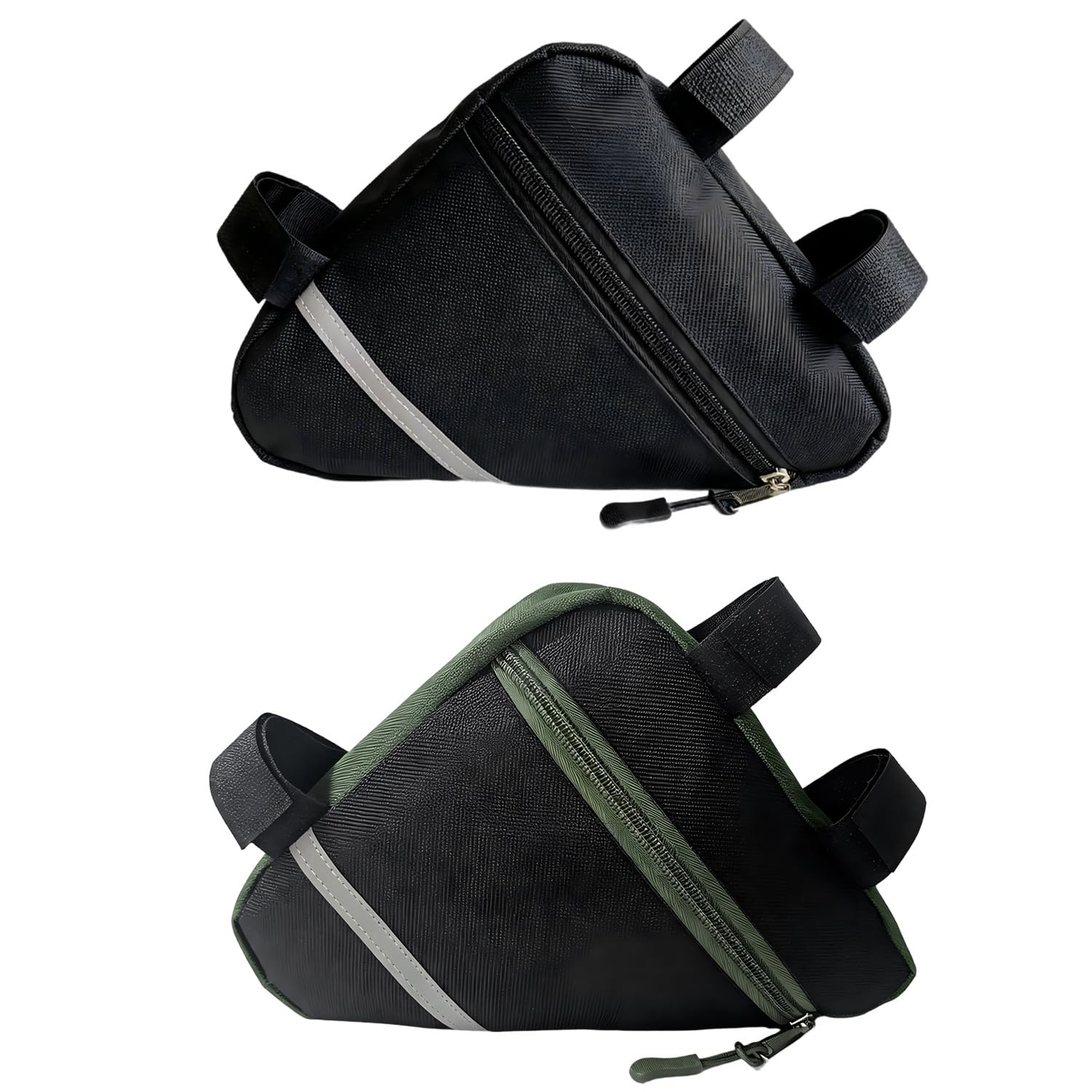 QitinDasen 2 Pieces Small Bike Triangle Bag Set (Black + Olive-Green), Waterproof Nylon Bicycle Front Tube Frame Triangle Bag with Double-Sided Reflective Decoration