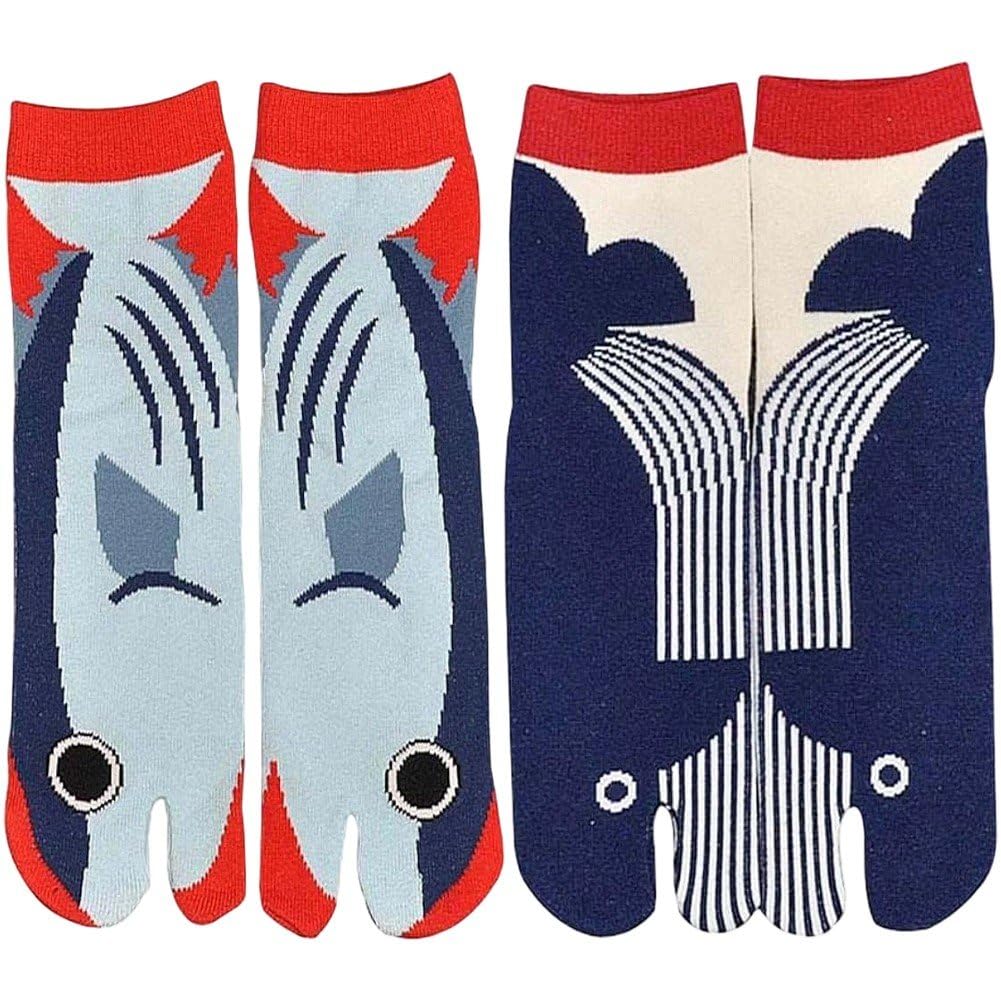 Sslvya 2 Pairs Flip Flop Tabi Socks, Funny Fish Pattern Elastic Japanese Split Toe Ankle Socks Novelty Socks for Men Women