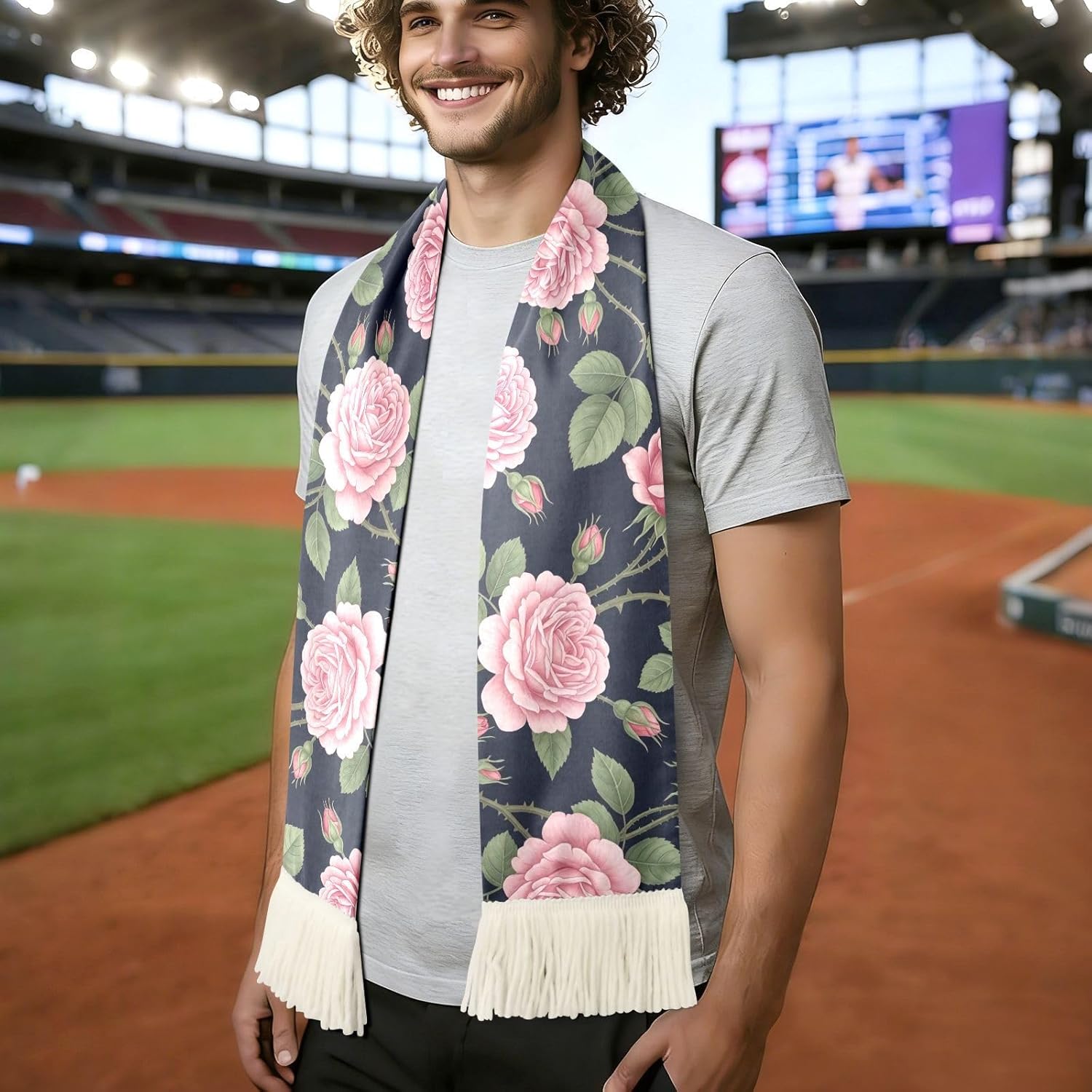 CHIFIGNO Vintage Pink Rose Navy Sports Fan Scarf Towel, 100% Polyester Quick Dry Cheering Scarf for Soccer Games, Soft Absorbent with Fringe Ends