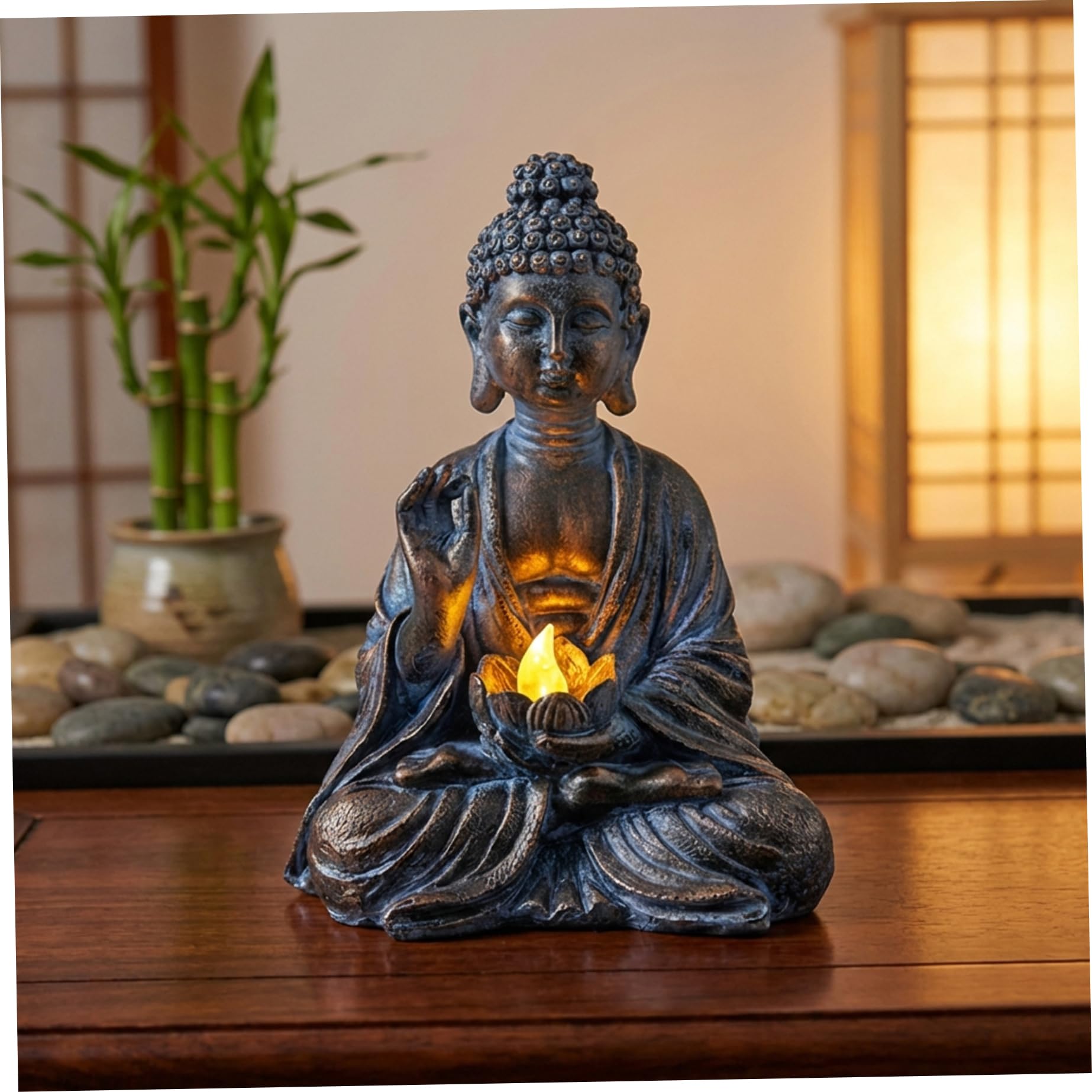 Statua di Buddha Solare, Scultura Zen all'aperto con Luce di Loto a LED, Statua da Giardino in Resina per Giardino, 5, 9x4, 3x7, 7 Pollici