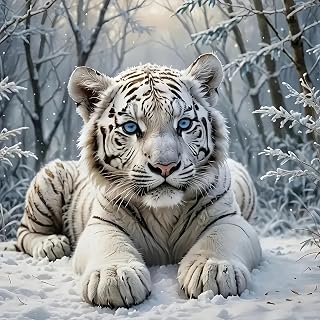 CHWGLFGG 5D Diamond Art Kits for Adults Beginners, White Tiger Diamond Painting Kits, DIY Winter Full Round Drill Paint by Diamonds Dot Gem Art for Adults, Home Wall Decor 13.7X 13.7 Inch