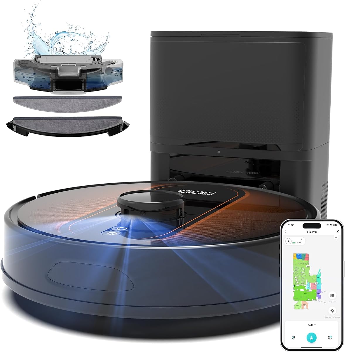Robot Aspirador y Trapeador con Mapeo: Aspirador Robótico Autovaciable con Navegación LIDAR de 6000Pa, Aspirador Robot 3 en 1 para 90 Días de Limpieza Manos Libres, Control Alexa/APP Ideal para Pelo de Mascotas Piso Duro Alfombra Hogar