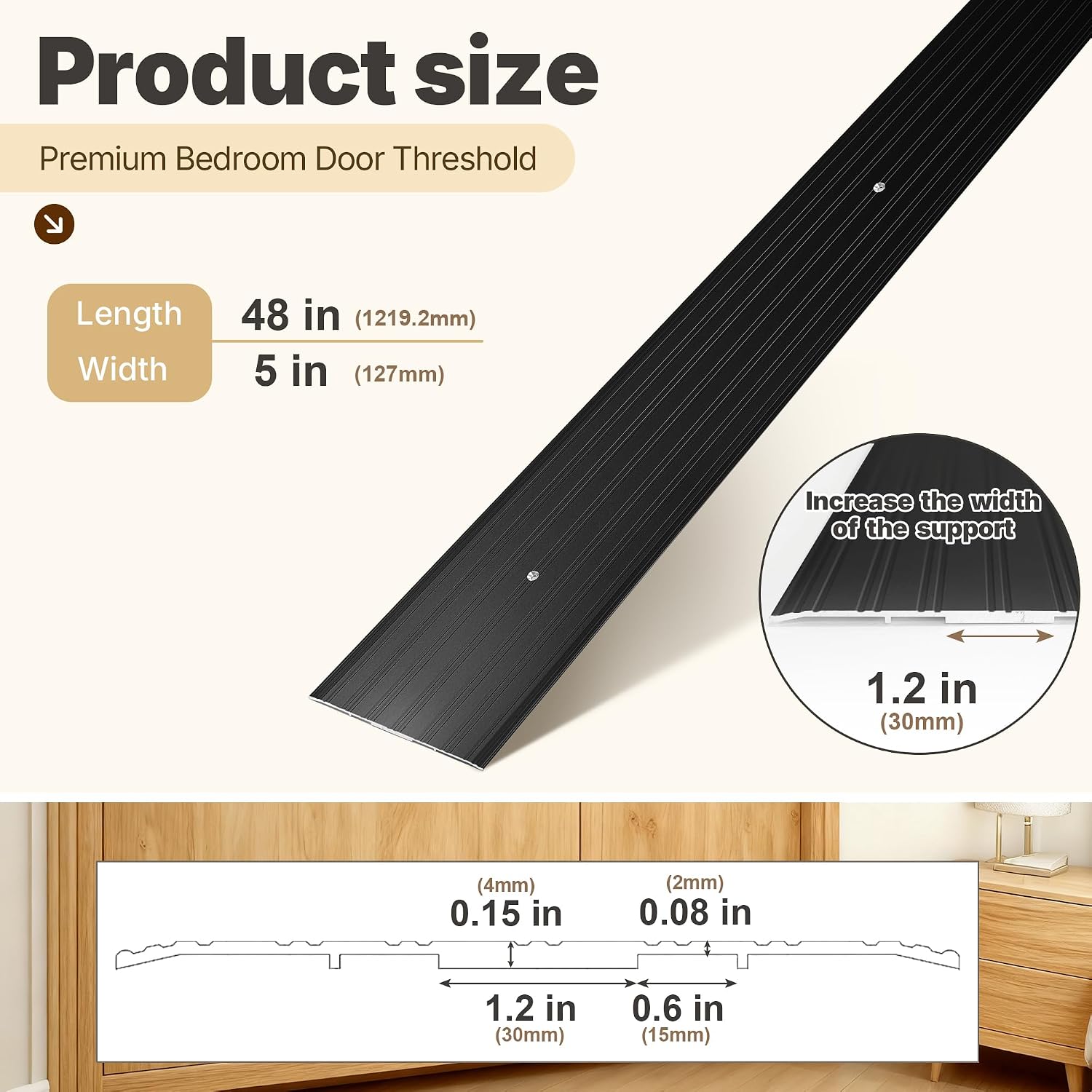 aluminum door threshold - 48" l x 5" w 1pcs exterior door threshold with pre drilled holes and expansion screws, non-slip fluted saddle threshold flat profile threshold, prevent dust & airflow, black 48in x 5in black-1pcs