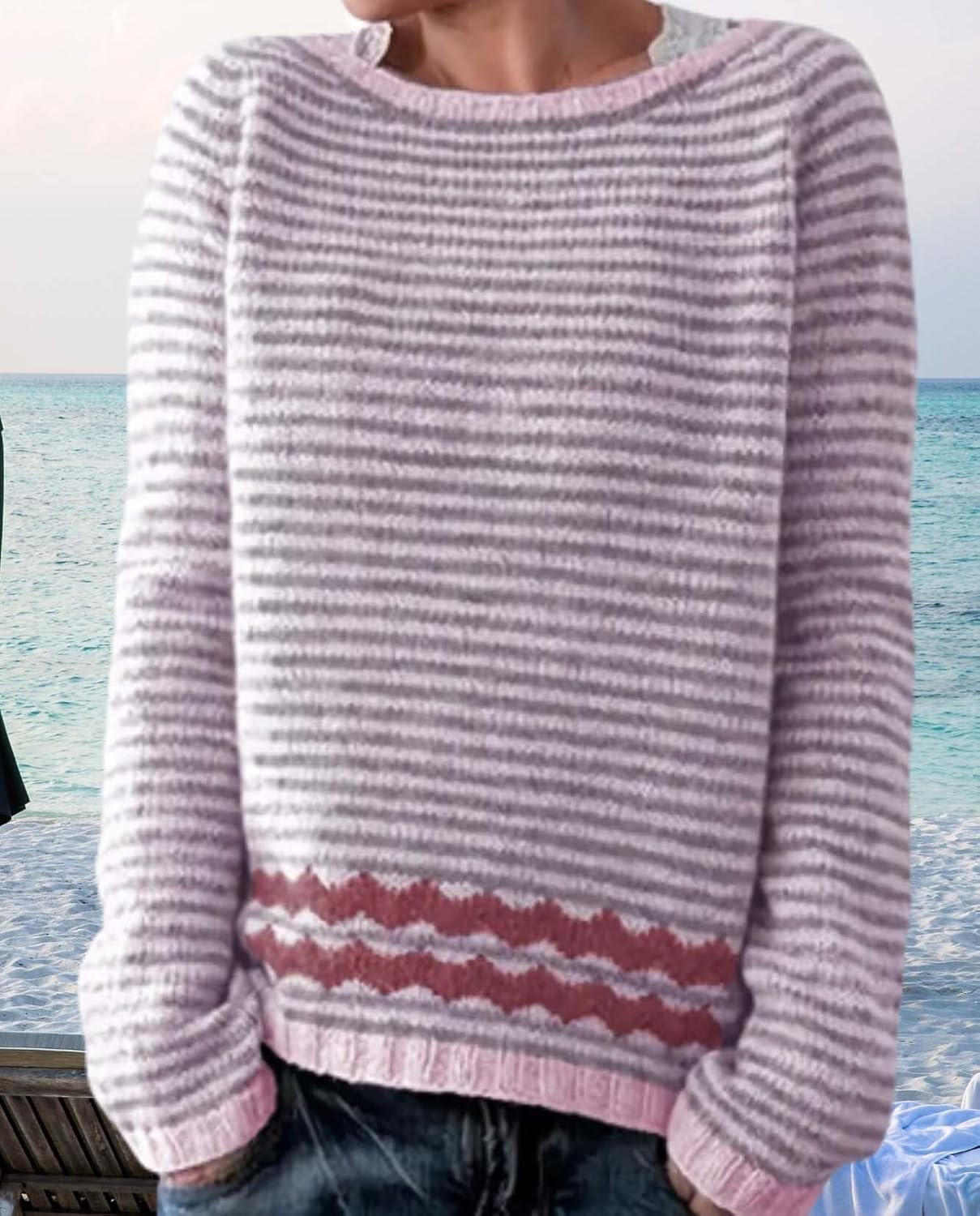 Womens Pullover Vintage Sweater Casual Loose Long Sleeve Knitted Sweater Autumn and Winter Striped Vintage Designs - Image 3