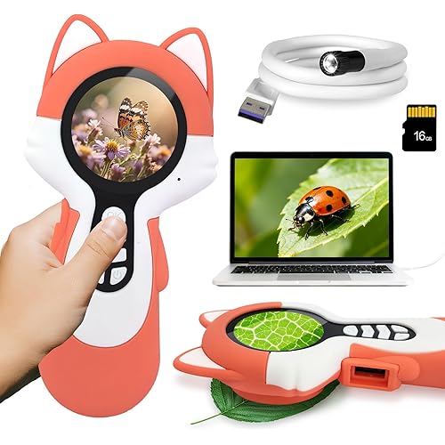 2 in 1 Digital Microscope for Kids with Endoscope, Learning Toy for Children, Ideal Gift for Kid, Christmas Stocking Stuffers for Kids, Dual-Lens, Fox