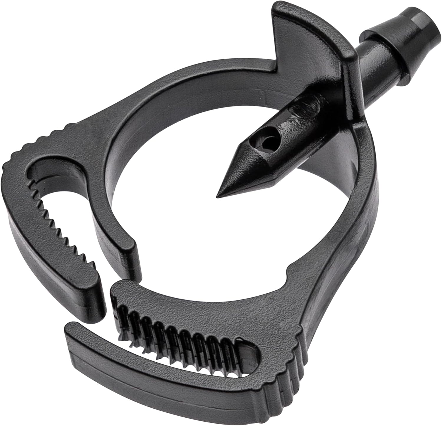 Close-up of a black self-piercing coupling for drip irrigation