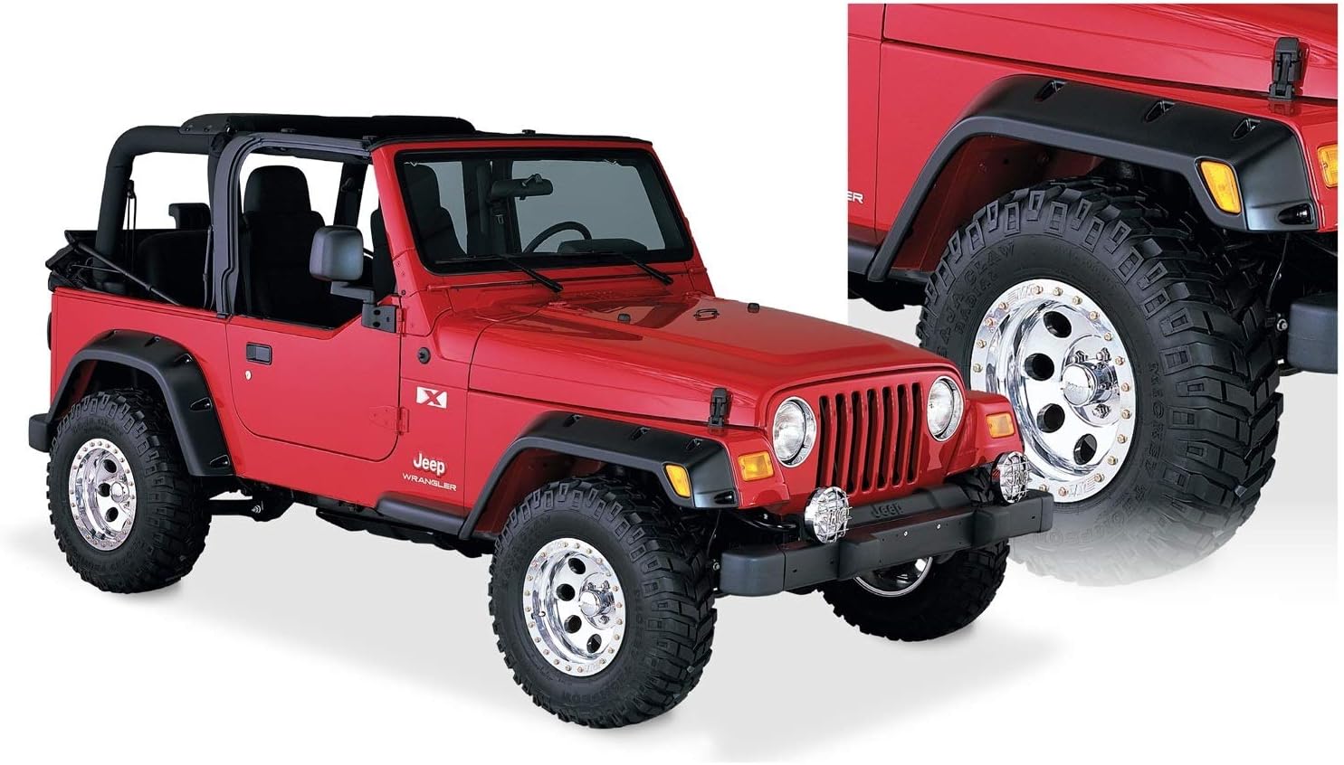 Bushwacker Pocket/Rivet Style Front & Rear Fender Flares | 4-Piece Set, Black, Smooth Finish | 10917-07 | Fits 1997-2006 Jeep Wrangler TJ
